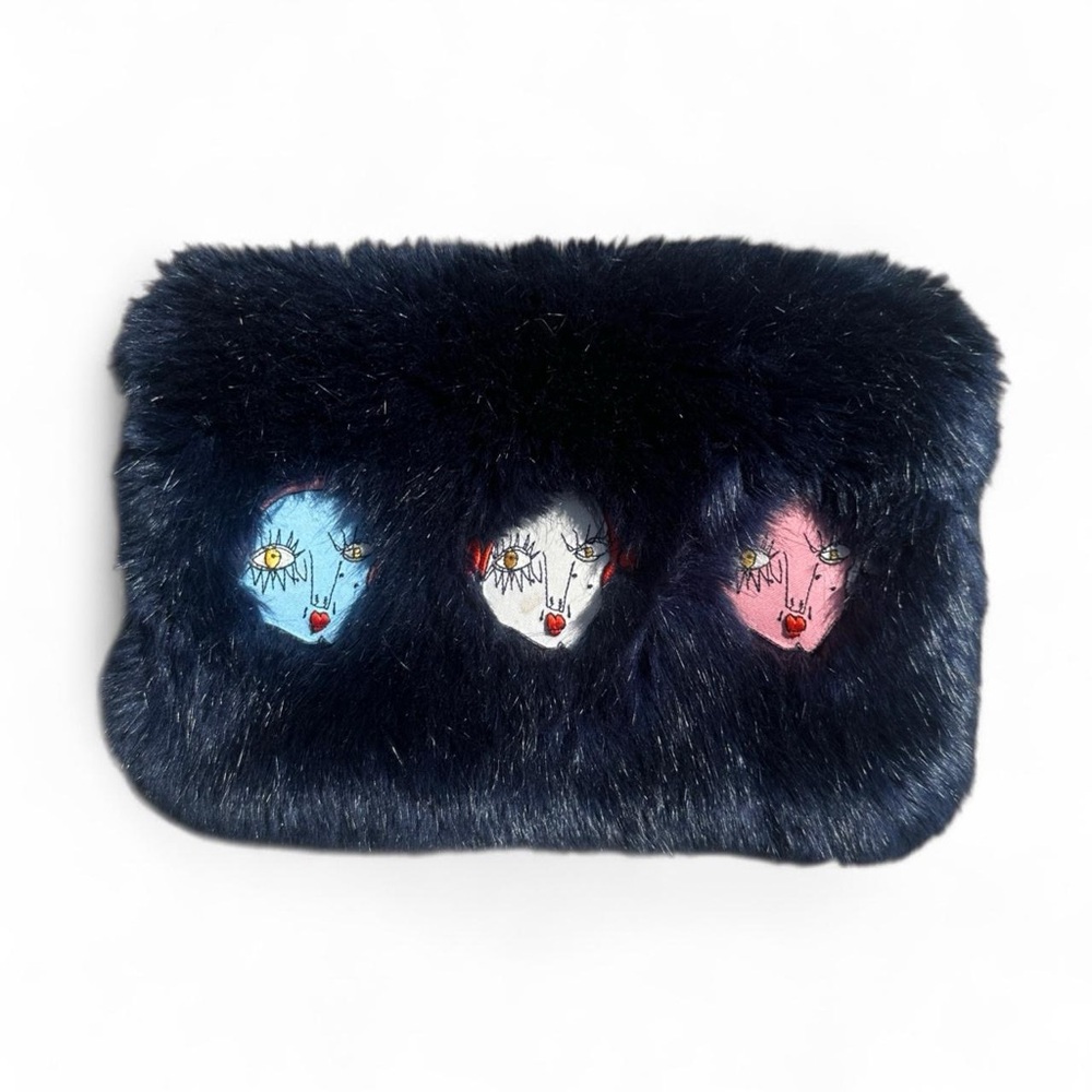 Shrimps Navy Faux Fur Clutch with Faces